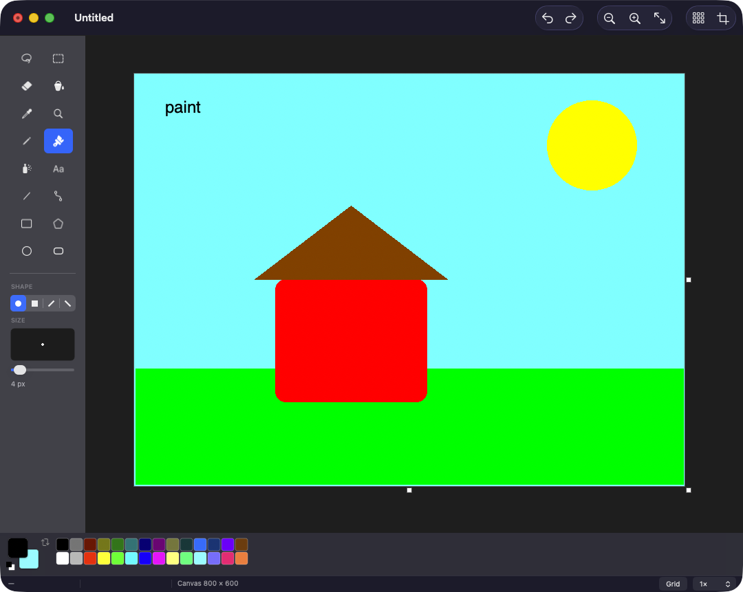 The Paint window on macOS: the sixteen-tool box on the left, a drawing of a house with a sun and grass on the canvas, and the 28-colour palette along the bottom.