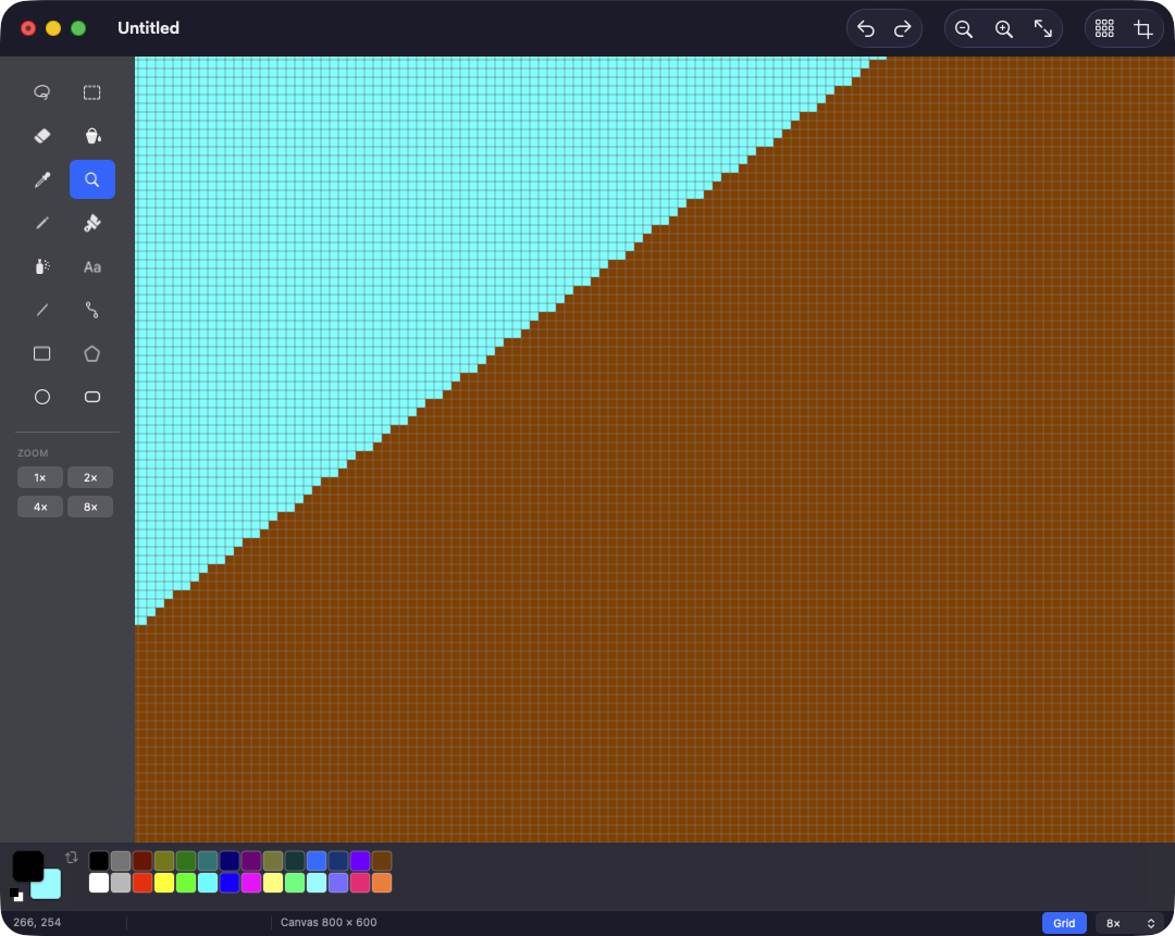 Paint zoomed to 800% showing the pixel grid and the hard staircase edge between a brown shape and a cyan background.